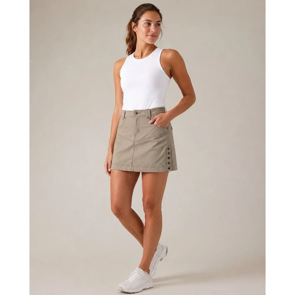 Athleta Take a Hike Mini Skirt Womens 2 Tan Khaki Side Snaps 861832 Active